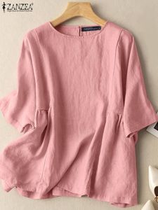 블라우스 Zanzea 여름 우아한 여성 블라우스 단색 Oneck 3/4 슬리브 Blusas Femme 패션 인과 관계 우아한 대형 휴가 상판