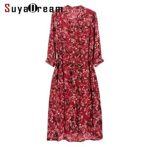 Klänningar Suyadream Woman Print Silk Dress 100%Silk V Neck Elegant T Shirt Dress Women 2022 Summer Sash Midi Dresses Silk Clothes Vestidos