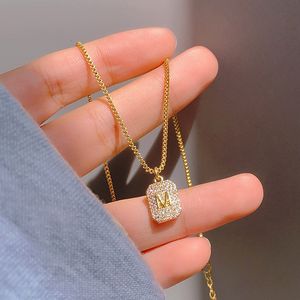 Pendant Necklaces Trendy Fine 14K Real Gold The Letter M Chain Pendant Necklace for Women Temperament Fashion Jewelry Bling AAA Zircon Girl Gift 230426