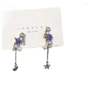 Kolczyki Dangle Sterling Srebrna igły Temperament Purple Shell Pearl Stud Personalizowany Asymetryczny Tassel Mniejszościowy