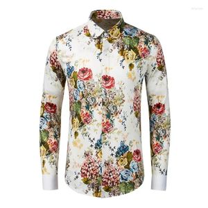 Camisas casuais masculinas Minglu algodão luxo manga longa floral impressão digital vestido masculino slim fit festa homem