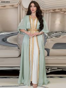 Roupas étnicas marroquinas caftan luxuoso cetim de seda elegante manga lanterna 3pcs Diamantes de diamantes abaya conjuntos muçulmanos Ramadã para mulheres 230426