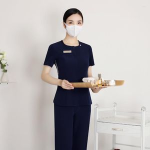 Women's Two Piece Pants Foot Massage Women Technician Working Uniform Spa Sauna Receptionist Short Sleeve Workwear Beauty Salon Suits