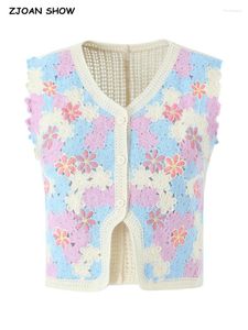 Women's Tanks 2023 BOHO V Collar Handmade Crochet Flower Tank Top Holiday Women Corset Front Open Buttons Sleeveless Cardigan Cropped Tee