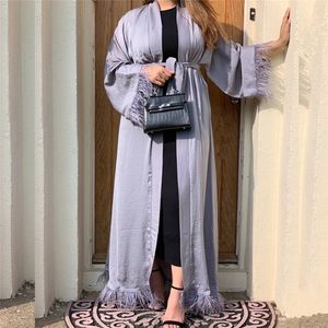 Abbigliamento etnico Maxi abito Eid Djellaba Abaya Dubai Shiny Soft Silky Piuma musulmana Cucitura Islam s Con cintura WY85 230426