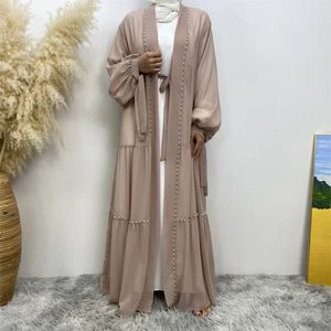 Roupas étnicas Mulheres Eid Muçulmano Abaya Marrocos Árabe Dubai Cardigan Cor Sólida Diamantes Abayas Islam Kaftan Pérolas Longo Robe Solto Emendado