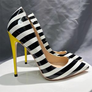 Elbise Ayakkabı Siyah Beyaz Çizgili Patent Süper Yüksek Topuklu 8/10 12 Cm Düğün Partisi Kadınlar Kadınlar Artı Boyut 34-45