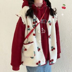 Women's Vests V-Neck Flounce Cherry Print Imitation Lamb Wool Vest Autumn/Winter Warm Sweet Sleeveless Coats Lady's Clothing