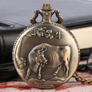 Pocket Watches Bronze Chinese Zodiac of Ox Quartz Analog titta på gåvor män kvinnor vintage elegant halsband hänge antik klocka