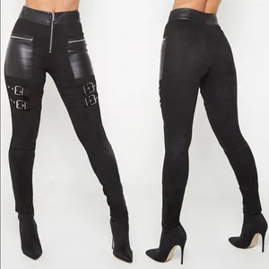 Calças femininas preto cintura alta para mulheres sexy zíper couro retalhos calças finas estiramento lápis y2k roupas leggings