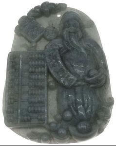 Certyfikowany szary zielony naturalny typ Jadeite rzeźbiony bóg bogactwa abakus wisiorka