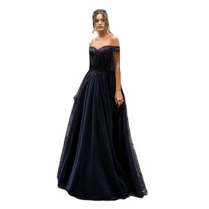 JEHETH Navy Blue Off the Shoulder Tulle Prom Dresses Sweetheart Lace-up Backless Long Evening Goens with Tassel Floor Length
