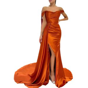 Jeheth Orange Satin Off the Shoulder Formal Evening Dress Mermaid Side Sweetetheart Prom Party Gown Sweep Train