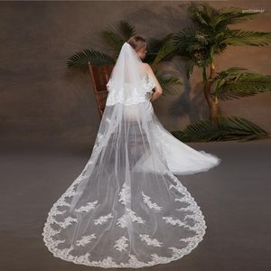 Veli da sposa Lunghi da sposa in pizzo Appiques Bordo 2 T Tulle Velo da cattedrale con pettine Viso Velo De Novia Voile Mariee