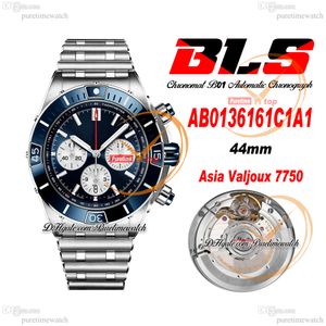 BLS Chronomat B01 ETA VALJOUX A7750 Automatisk kronograf Mens Watch 44 Ceramic Bezel Blue White Dial Rostfritt Steel Rouleaux Armband Super Edition Puretime J10