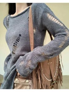 女性のセーターHouzhou Kpop Grunge Hollow out灰色のセーター女性Harajuku Solidsplit SpritedDisted Knit JumperスプリングスプリングスプリングトッププルオーバーZLN231127