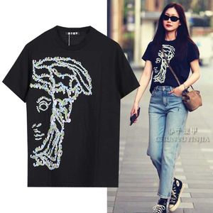 Chun yu yin jia Novo designer de marca de luxo Retrato Figura Imprimir camiseta de manga curta mulheres Preto Branco Verde camiseta algodão mercerizado Plussize 3xl 4x