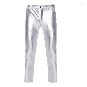Men's Pants Mens PU Faux Motorcycle Straight Leg Trousers Shiny Sliver Coated Metallic Men Nightclub Stage Costume Homme