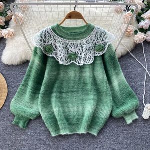 Women's Sweaters Lazy Sweater Loose Soft Waxy Lace Trim Round Neck Autumn Versatile Long Sleeve Knit Top