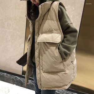 Kvinnors västar koreansk stil Lossa ner Vest Frong Big Pocket -dragkedja Stängd stativ krage ärmlös jacka förtjockar västen Autumn Winter