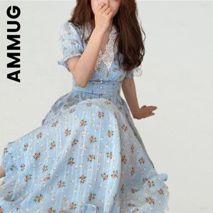 Kleid Ammug Kleid Neue Frauen Elastische Spitze Chiffon Koreanische Party Kleid Puff Sleeve V-ausschnitt Midi Kleid Robe Faul Günstige weibliche Kleid Frau
