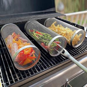 Edelstahl -Grillkochgrill Gitter -Mesh -Rotation Zylinder Käfig Camping Picknick Kochgeschirr im Freien Runde BBQ NET TUBE CAMPFIRE GRILL ROLLING BORK HW0137