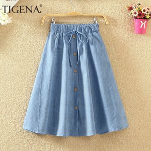 Skirts TIGENA Knee Length Striped Denim Skirt Women Fashion Summer Korean Casual A Line High Waist Jeans Midi Skirt Female School 230427