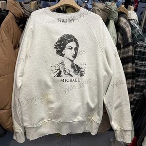 Erkek Hoodies Sweatshirts Saint Michael Grafiti Yıkama Portre Baskı Saketleri Sokak Moda Yuvarlak Boyun Vintage Sweater T231127