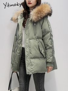 Parkas Yitimoky Green Coat Women Fall Winter Jacket 2022 Koreanska mode överdimensionerade parkor med en päls krage huva svarta pufferjackor
