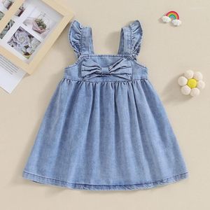 Girl Dresses BeQeuewll Baby Girls Denim Dress Solid Color Bow Sleeveless A-Line Princess For Beach Party Cute Clothes