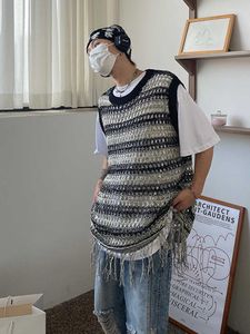 Herrtankstoppar houzhou randig mesh väst för män vintage stickad ärmlös tee manlig casual sommarstrand japansk streetwear hip hop