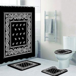 Cortinas preto branco paisley bandana padrão cortina de banheiro conjunto cortina de chuveiro para banheiro floral borda ornamento tapetes de banho decoração