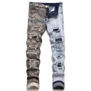 Herren Jeans Pactchwork Streetwear Ripped Denim Pants Trend Brand Hose For Casual Solid Biker Destroyed Hole Slim Fit Male 230426