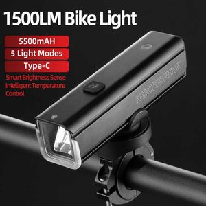 Bike Lights ROCKBROS Bike Front Light 1500LM 5500mAH Battery Bicycle Light Aluminum Smart Sense LED Lamp Flashlight Cycling Headlight P230427