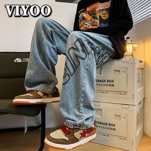 Men's Jeans Brown Y2K Clothes Printed Baggy Destroyed Denim Straight Trousers Wide Leg Pants Streetwear For 230427