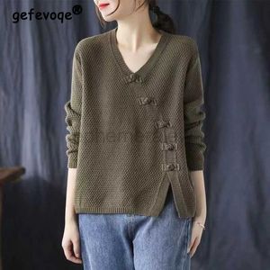 Kobiety swetry jesienne zimowe literackie guziki vintage w stylu dekoltowe sweter panie luźne swobodne dzianie pullover top kobiet skoczek obręczny ZLN231127