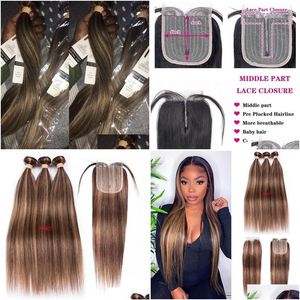 Hair Wefts Highlight Ombre Bundles With Closure T Part Brazilian Bone Straight Brown Human Drop Delivery Products Extensions Dhtx9