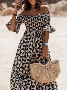 Casual Dresses Summer Off the Shoulder Boho Long Dress Spring Elegant Geometric Print Party Sexig Slash Neck Flare Sleeve Maxi Women