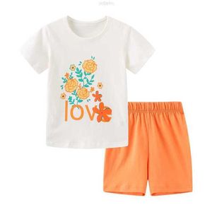 Set di abbigliamento Boutique calda Produttori Commercio all'ingrosso Set corto da bambina con scollo rotondo arancione stampato a fiori con lettere bianche lavorate a maglia estive