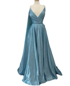 Sexy Pleated V-Neck Long Blue Evening Dresses with Pockets A-Line Corset Back Glitter Abendkleider Robes