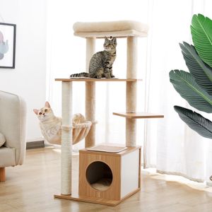 Scratchers Modern Cat Tree Cat Climbing Tower With Sisal Scratching Poster Luxury Stor hängmatta lägenhet och topp abborre med att spela boll