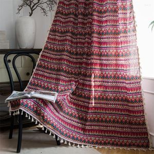 Curtain Bohemian Style Red Gilding Stripe Cotton Linen Printing Semi Transparent Living Room Blackout Home Window