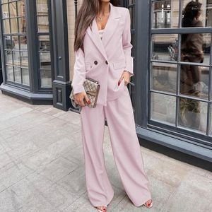 Kvinnors tvådelade byxor 2023 Blazer Suits For Women Loose Fit Casual Trend Office Lady Commute Costumes Lapel Buttons Coat Wide Leg Byxor