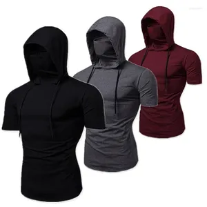 Homens camisetas Verão Stretch Pulôver Moda Top Com Capuz Casual T-shirt de Manga Curta Máscara Facial Terno para Feminino Cor Sólida