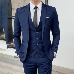 Men's Suits Navy Blue Suit For Mens Business Blazer Hombre Wedding Groom Tuxedo Slim Fit Daily 3 Piece Set Jacket Vest Pants Terno Masculino