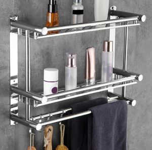 Toalheiros práticos 2 camadas banheiro prateleira rack de aço inoxidável shampoo toalete acessórios3281667