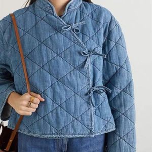 Parkas Women's Casual Denim Parka cotton Coat 2022 new Laceup Long Sleeve Stand Collar Female Wrap Jackets