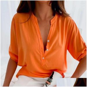 Women'S Blouses Shirts Womens Stylish Summer Blouse Short Sleeve Buttons Half Placket Breathable Casual Loose Ladies Shirt Top Dro Ot6Gl