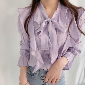 Bluzki damskie koreańskie kokardowe marszczenie damskie szyfonowa koszulka delikatna fioletowa moda kobieta 2023 wiosenna francuska topy z długim rękawem