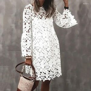 Casual Dresses Summer White Mid-skirt Two-piece Set Women's Dress National Style Solid Color Lace Long Sleeve Hollow Out Loose Vestidos